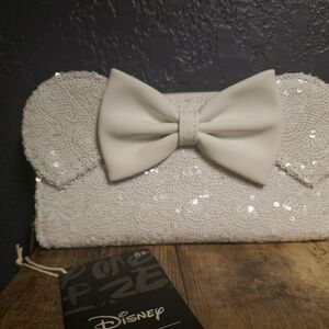 Loungefly Disney Minnie Mouse White Sequin Zip Around Wallet Wedding Bridal NWT